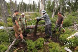 Bei der Moorrenaturierung müssen auch Entwässerungskanäle verfüllt und wiedervernässt werden. (Fotos: Lukas Linhart / Nationalpark Šumava)